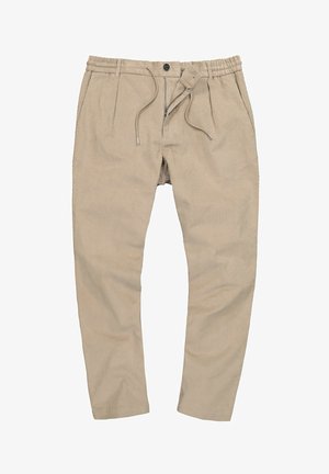 Beige Cord-Ripp-Hosen mit elastischem Bund, verstellbarem Kordelzug und Vorderfalten. Mit Reißverschluss und Knopfverschluss.