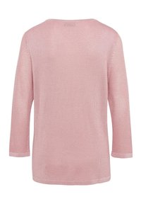 Helles rosa, gestricktes Sweatshirt mit lockerer Passform, Dreiviertelärmeln und einem strukturierten Muster. Weiches Material mit glatter Oberfläche.