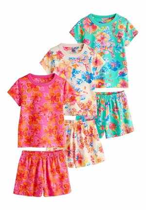 Three sets of children's short-sleeve floral print tops and matching shorts in pink, cream, and turquoise colors.