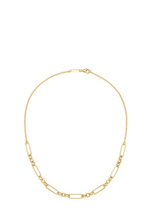 Goldfarbene Halskette mit abwechselnd länglichen und ovalen Gliedern, feiner Kette und einem Karabinerverschluss.
