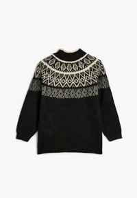 Maglione lavorato a maglia nero con un collo alto, caratterizzato da un motivo geometrico Fair Isle grigio chiaro sulla parte superiore e maniche lunghe. Finitura testurizzata.