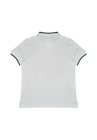 Polo shirt bianco a maniche corte, con colletto e bordi delle maniche blu navy. Texture liscia, vestibilità standard, con design sul retro visibile.
