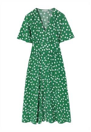 Zielona midi sukienka w białe kropki, z krótkimi rękawami, dekoltem w serek, rozpinanym przodem i marszczonym pasem dla dopasowanego sylwetki.