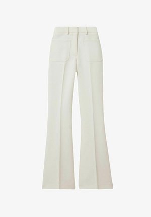 Crèmefarbene, ausgestellte Hose mit hoher Taille, zwei Gesäßtaschen und glatter Textur. Bietet klare Linien und minimalistisches Design.