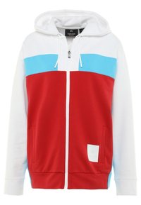 Felpa con cappuccio rossa e bianca con una striscia orizzontale blu, zip frontale, tasche laterali e patch con logo in basso a destra. Tessuto in misto cotone.