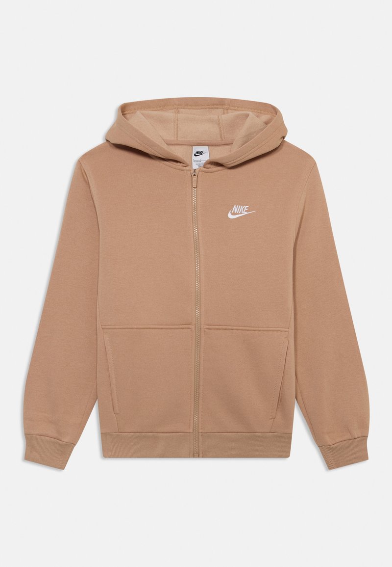 Sweatshirt bege com fecho éclair da Nike, feito de tecido macio, com um fecho na frente, dois bolsos, punhos canelados e um logo branco no peito.