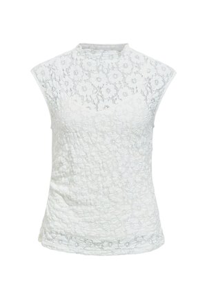 Hvid ærmeløs blondetop med blomsterpattern, høj rund halsudskæring og let gennemsigtigt stof.