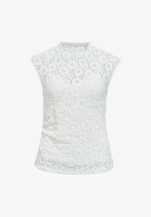 White sleeveless lace top with floral pattern, high round neckline, and slightly sheer fabric.