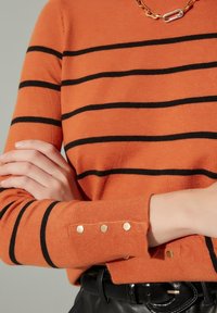  Oranje gestreepte trui met zwarte horizontale strepen, een ronde kraag en gouden knoopaccenten op de manchetten. Gladde textuur.
