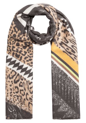 Soft scarf with animal print, geometric patterns, and diagonal stripes in beige, black, white, yellow, and brown tones.