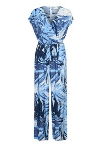 Mono floral en tonos azules con escote en V, mangas cortas, piernas anchas y cinturilla atada. Fabricado en tejido liviano con un estampado tropical.