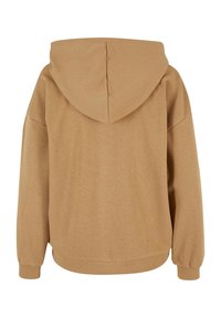 Sweat à capuche beige avec manches longues, poignets et ourlet côtelés, vu de dos sur fond blanc.