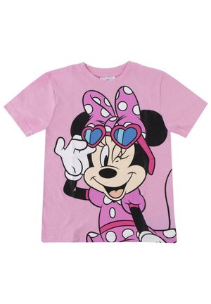 Pink short-sleeve shirt featuring Minnie Mouse wearing a pink polka-dot bow and heart-shaped blue sunglasses, winking and smiling.