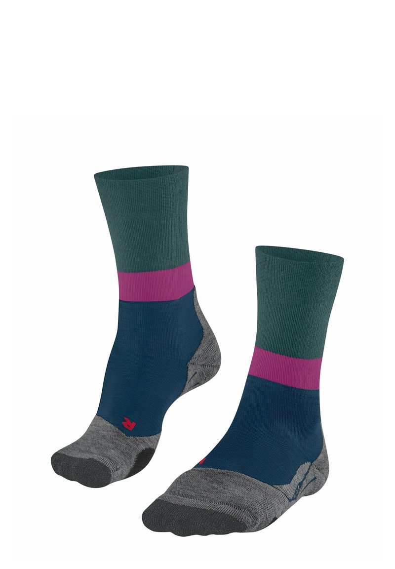 Bunte Crew-Socken mit einem dunkelgrünen oberen Teil, pinkem Streifen, tiefblauem Körper sowie grauen Fersen- und Zehenabschnitten, aus elastischem Material hergestellt.