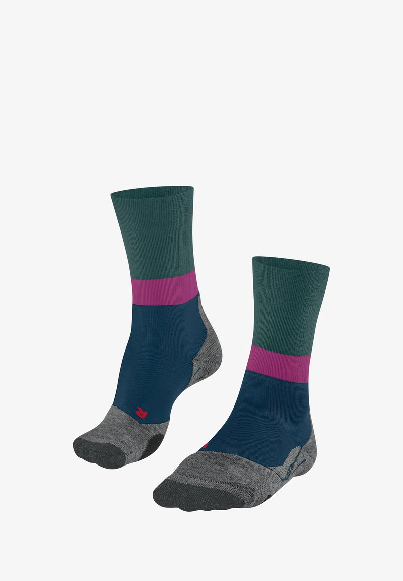 Bunte Crew-Socken mit einem dunkelgrünen oberen Teil, pinkem Streifen, tiefblauem Körper sowie grauen Fersen- und Zehenabschnitten, aus elastischem Material hergestellt.