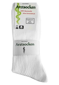 Weiße Baumwollsocken mit gerippter Textur, beschriftet mit "Arztsocken." Sie verfügen über ein einfaches weißes Band mit grüner Schrift und einem Gesundheitsymbol.