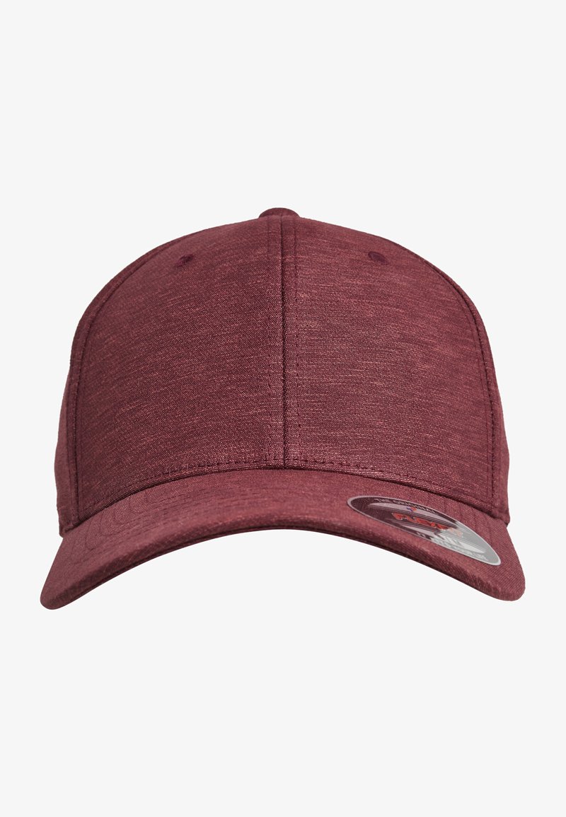 Maroon baseball cap with a smooth, textured fabric design, rounded crown, and stiff bill. Features a logo sticker on the side.