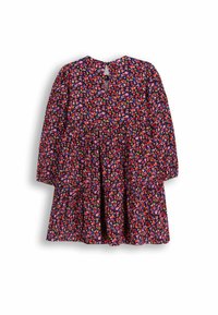 Kwiatowa sukienka z granatowym tłem, długimi rękawami, warstwową spódnicą i rozcięciem w kształcie klucza z tyłu. Wzór z wielokolorowymi kwiatami.