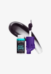 NYX Night Shade Wednesday kleur-aanpassende lipolie met een paarse-zwarte tint en een unieke paarse applicatordop in de vorm van een hand.