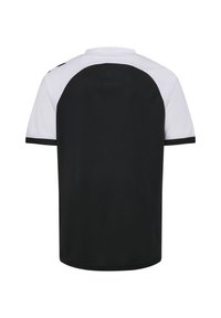 Sort-hvid atletisk skjorte med korte raglanærmer, rund hals og kontrastfarvet sort kant på ærmer og nederste kant. Glat tekstur.