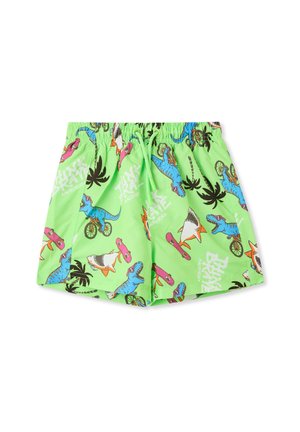 Pantaloni corti verdi con un motivo giocoso di dinosauri e squali, arricchiti da grafiche di skateboard e palme. Vita elastica con cordoncino.