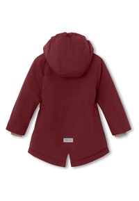 Manteau pour enfants couleur marron foncé en matériau imperméable, doté d'une capuche, de manches longues, d'une taille élastique et d'une fente arrière pour une meilleure mobilité.