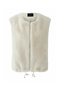 Faux fur gilet in roomkleur met een hoge kraag, ritssluiting aan de voorkant en een trekkoord onderaan. Kenmerkt zich door een zachte textuur en minimalistisch ontwerp.