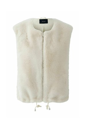 Faux-Fur-Weste in Creme mit hohem Kragen, Frontreißverschluss und Kordelzugsaum. Sie zeichnet sich durch eine weiche Textur und ein minimalistisches Design aus.