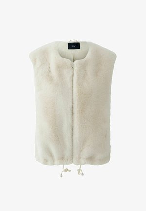 Faux-Fur-Weste in Creme mit hohem Kragen, Frontreißverschluss und Kordelzugsaum. Sie zeichnet sich durch eine weiche Textur und ein minimalistisches Design aus.