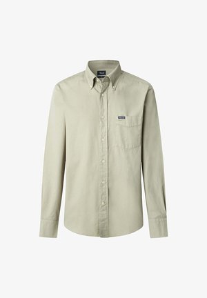 Camicia a maniche lunghe verde chiaro con bottoni, realizzata in cotone, dotata di taschino frontale e di una piccola etichetta con logo sul lato sinistro del petto.