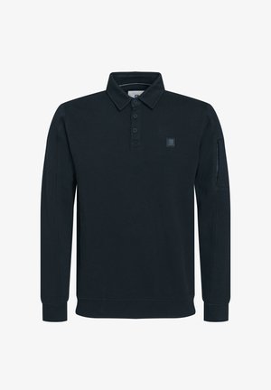 Donkerblauwe polo met lange mouwen, gemaakt van een zachte stof, met een knoopsluiting kraag, logo op de borst en geribbelde manchetten.