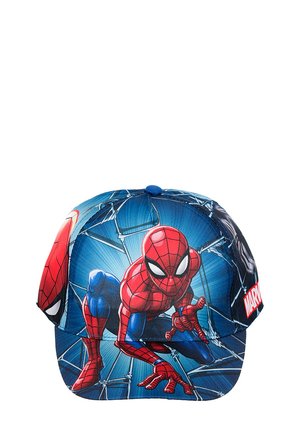 Blue and red baseball cap featuring Spider-Man in a crouching pose with web designs and a Marvel logo on the side.