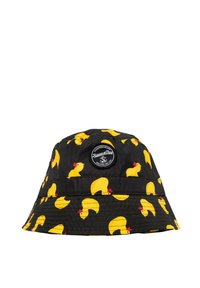 Black bucket hat with a yellow rubber duck pattern, featuring a round logo patch at the top. Made from lightweight, water-resistant material.