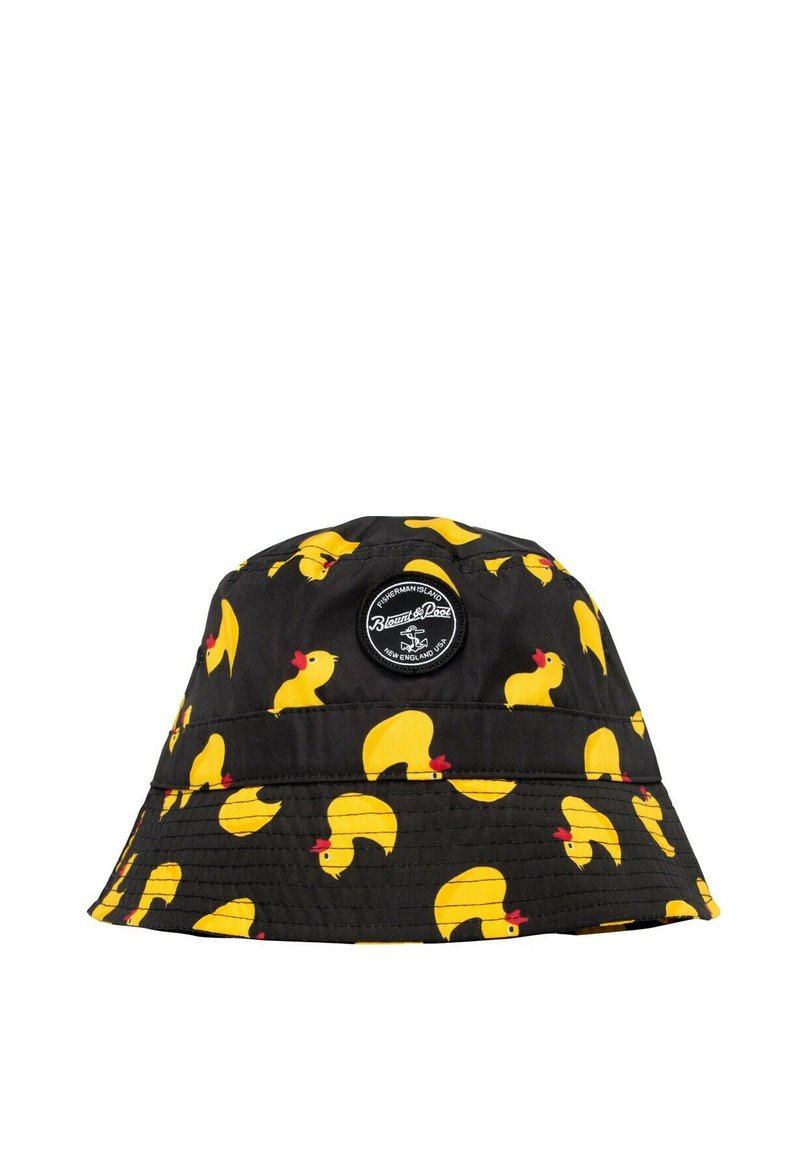 Black bucket hat with a yellow rubber duck pattern, featuring a round logo patch at the top. Made from lightweight, water-resistant material.
