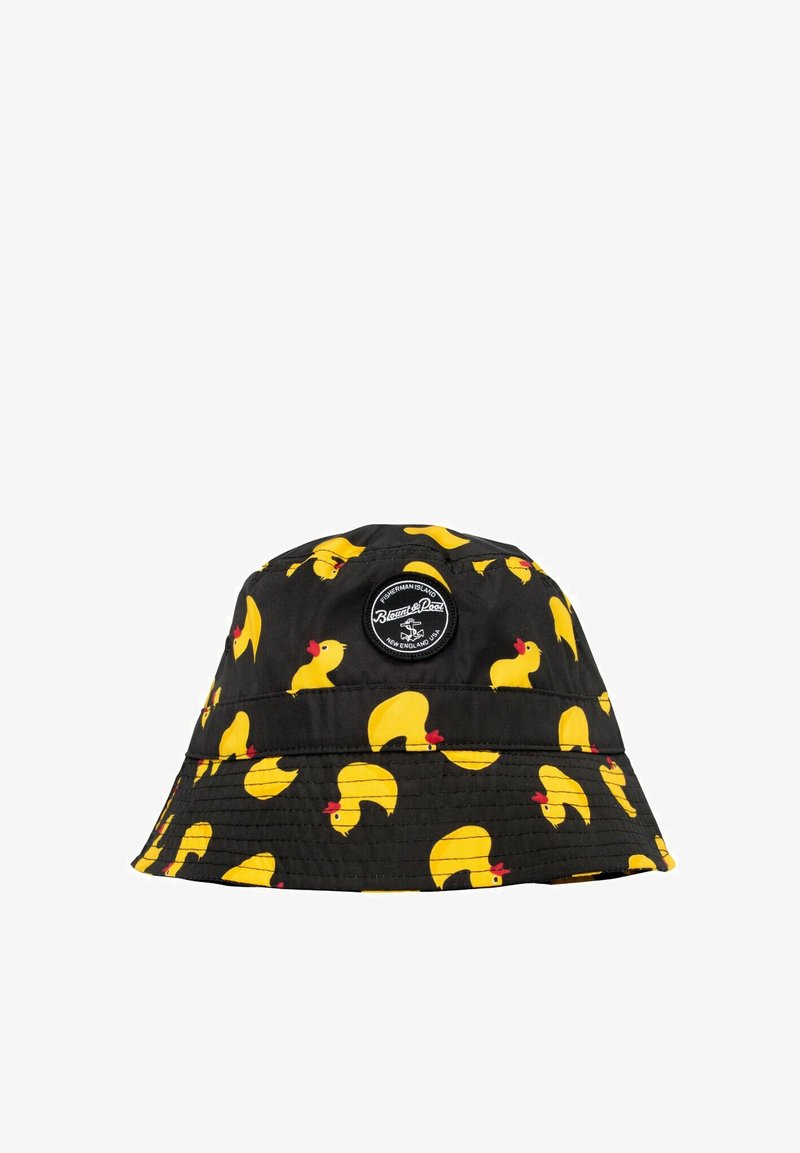 Sort bucket hat med et mønster af gule gummibadeænder, der har en rund logo-patch øverst. Fremstillet af letvægts, vandafvisende materiale.