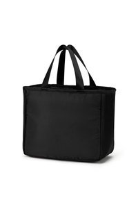 Borsa termica rettangolare nera con manici doppi, in piedi su uno sfondo bianco.