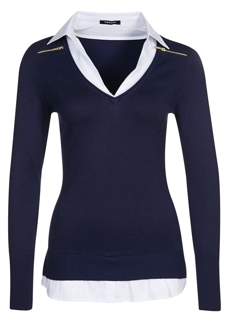 Navy knit sweater with a V-neck and long sleeves, layered over a white collared shirt. Features a gold zipper accent on the shoulder.