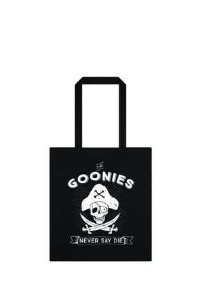 Czarna torba typu tote z białą piracką czaszką noszącą kapelusz, skrzyżowane miecze pod spodem, tekst "The Goonies" u góry i "Never Say Die" na dole.