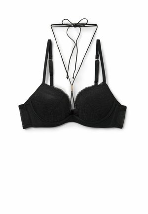 Black lace bra with underwire, shaped cups, and adjustable straps. Features a unique tied back design and intricate texture patterns.