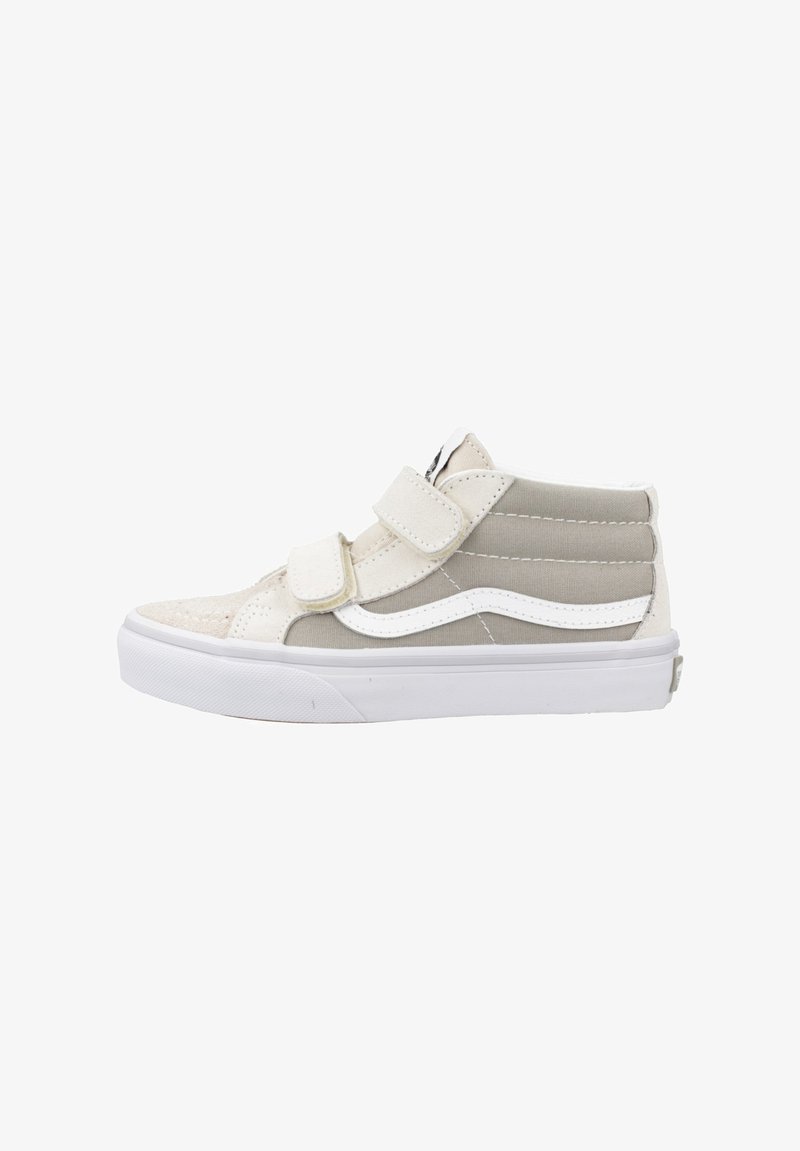 High-top sneakers in beige and gray canvas with white accents, featuring a textured toe cap and two Velcro straps for closure.