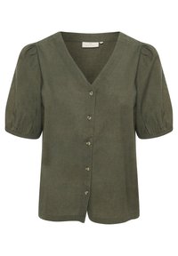 Blouse vert olive avec un col en V, des manches courtes bouffantes et six boutons sur le devant. Fabriquée dans un tissu doux et texturé avec une coupe décontractée.