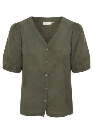 Bluză de culoare verde măslinie cu decolteu în V, mâneci scurte tipe și șase nasturi în față. Fabricată dintr-un material moale, texturat, cu o croială lejeră.