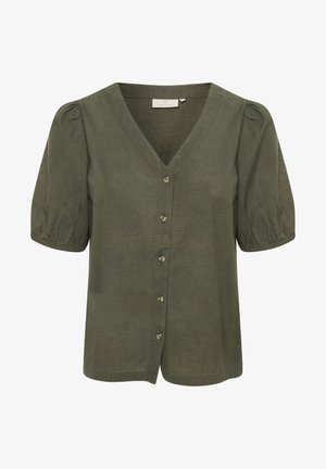 Olivinės spalvos palaidinė su V formos iškirpte, trumpomis pūstomis rankovėmis ir šešiais priekiniais mygtukais. Pagaminta iš minkštos, tekstūruotos medžiagos su laisvu siluetu.