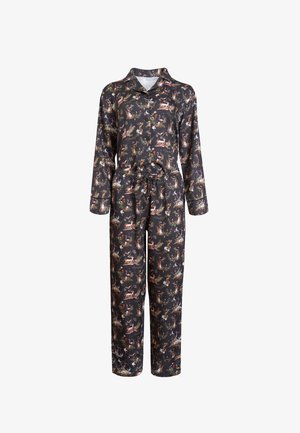 Garās pidžamu komplekts mīkstā audumā, ar melnu fonu un krāsainiem dzīvnieku un ziedu rakstiem, pogas uz kakla un elastīga josta.