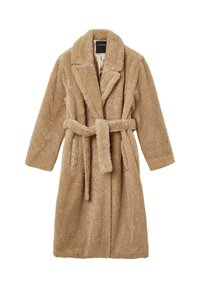 Robe in peluche beige realizzato in un morbido tessuto testurizzato. Presenta un colletto a scalpello, maniche lunghe e una cintura in tessuto per la chiusura.