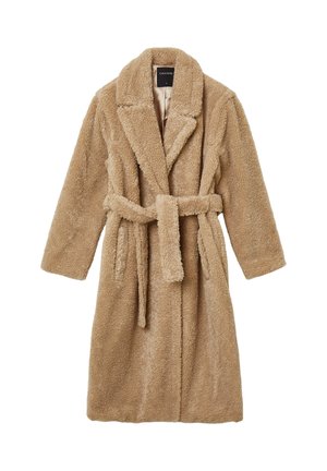 Beige plush robe with a soft, textured fabric. It features a notched collar, long sleeves, and a fabric belt for closure.