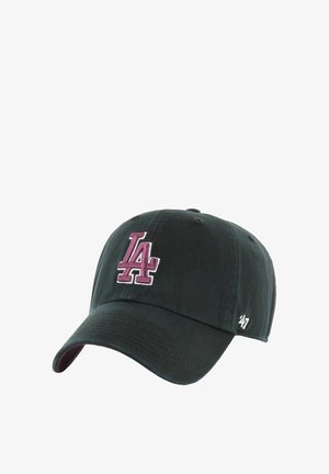 Black cotton baseball cap with a maroon embroidered "LA" logo on the front and a small white "47" logo on the side. Structured design.
