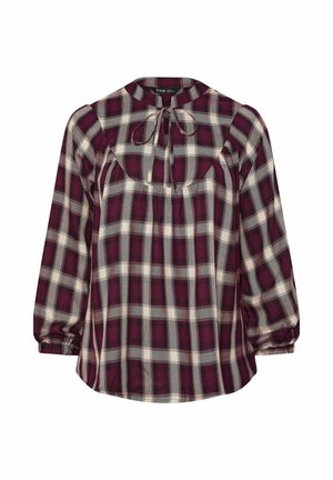 Blusa a maniche lunghe a quadri bordeaux e grigia con scollatura rotonda, dettaglio a nodo sul davanti e maniche arricciate. Tessuto morbido e leggero.