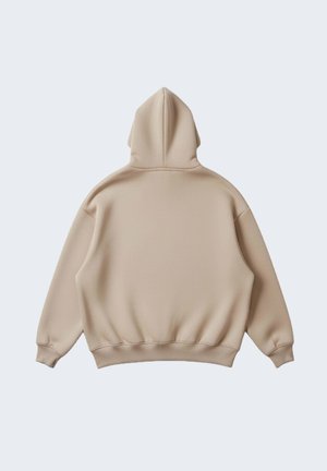 Sudadera con capucha beige de ajuste relajado, con capucha ajustable mediante cordón, puños y dobladillo acanalados. Textura suave, diseño sencillo sin patrones.