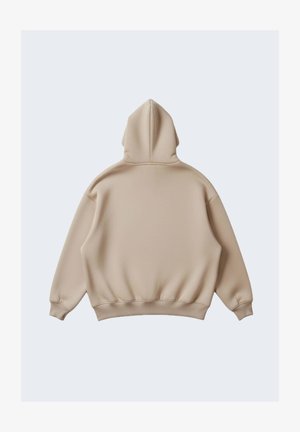 Beige hoodie met een losse pasvorm, voorzien van een capuchon met trekkoord, geribbelde boorden en zoom. Soepele textuur, eenvoudig ontwerp zonder patronen.